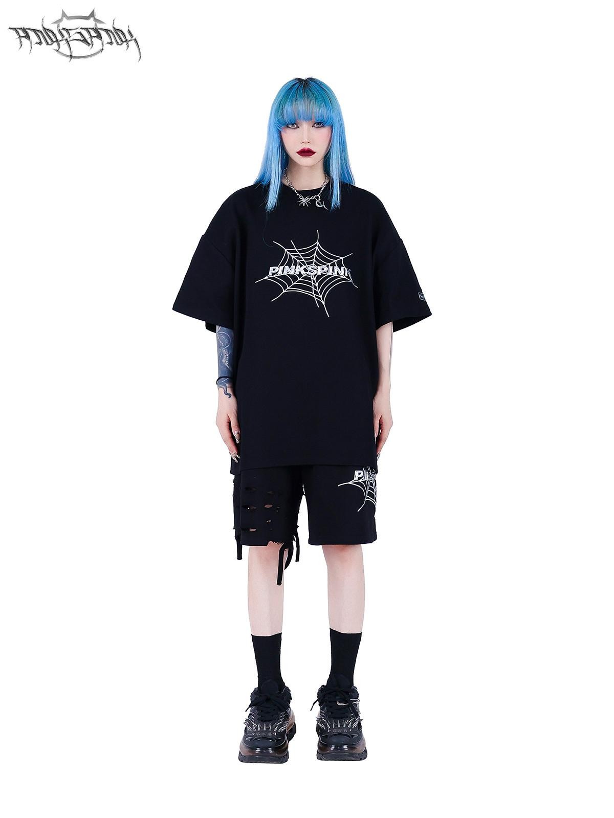 PINKSPINK 3d Spiderweb Text Print Street Hip Hop Women's Oversized T-shirts