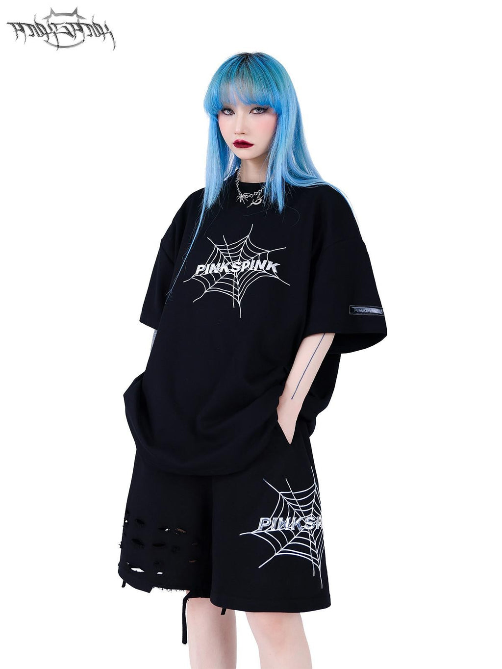 PINKSPINK 3d Spiderweb Text Print Street Hip Hop Women's Oversized T-shirts
