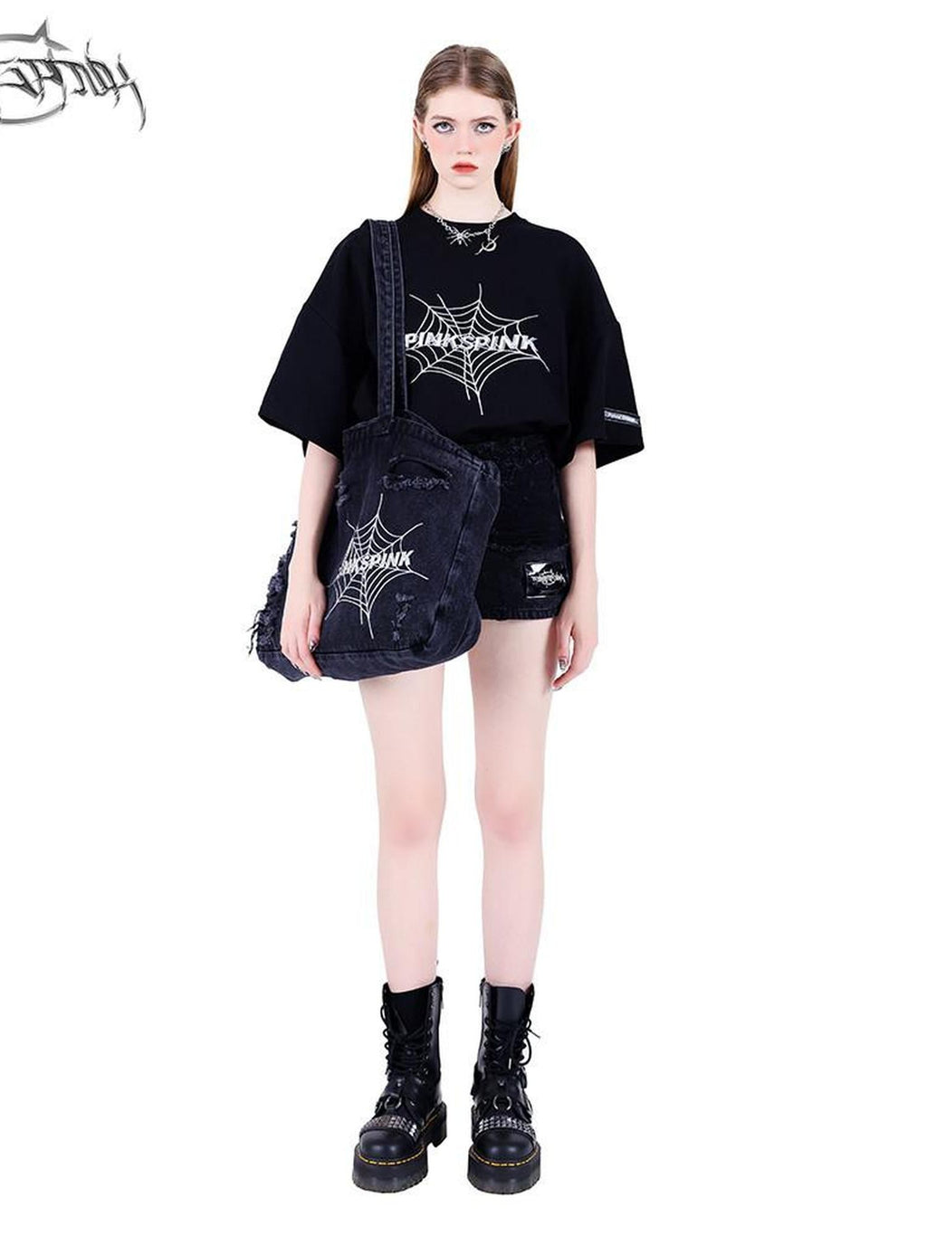 PINKSPINK 3d Spiderweb Text Print Street Hip Hop Women's Oversized T-shirts