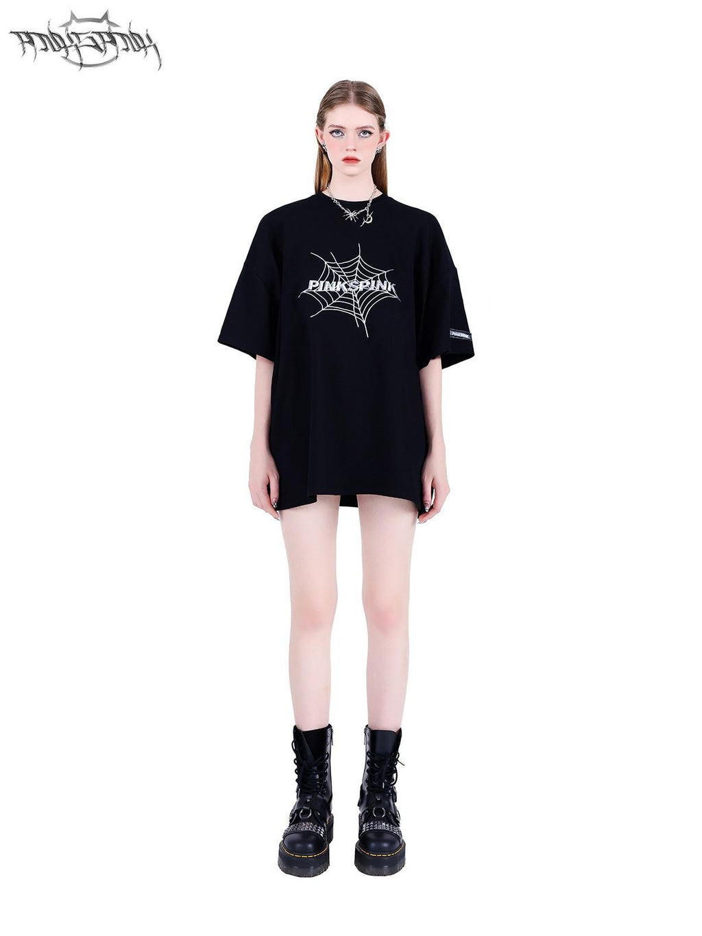 PINKSPINK 3d Spiderweb Text Print Street Hip Hop Women's Oversized T-shirts