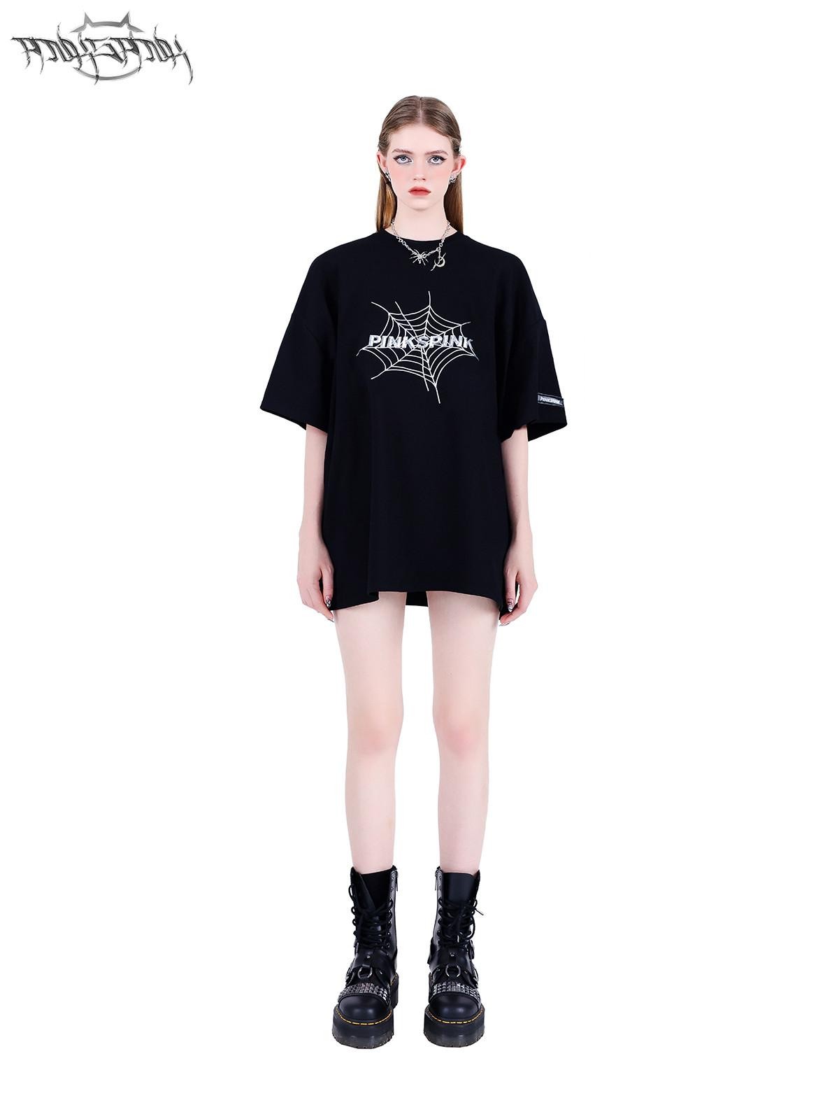 PINKSPINK 3d Spiderweb Text Print Street Hip Hop Women's Oversized T-shirts