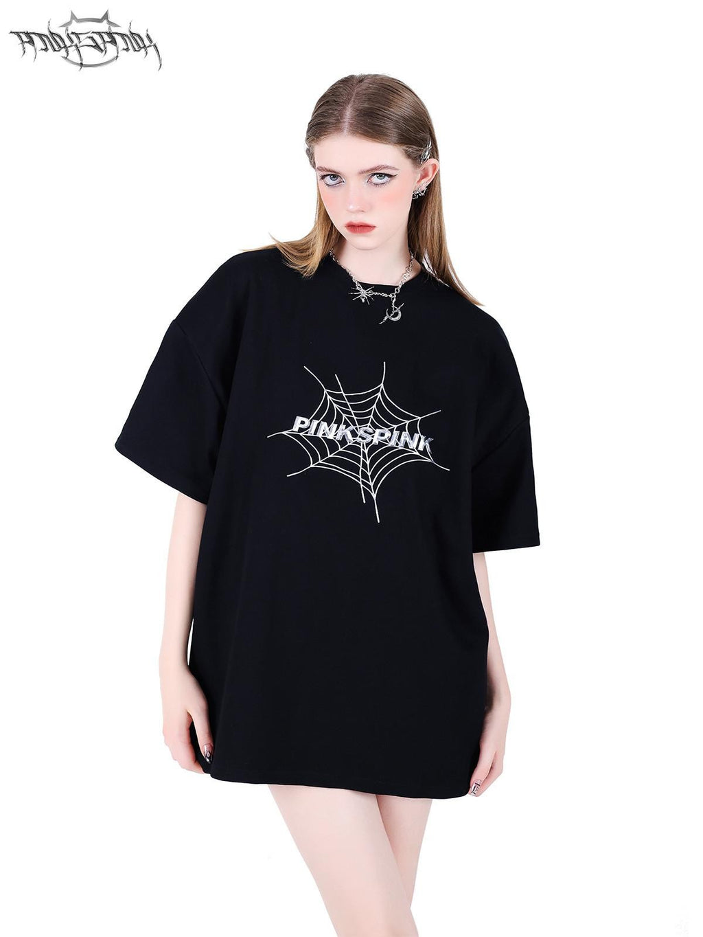 PINKSPINK 3d Spiderweb Text Print Street Hip Hop Women's Oversized T-shirts