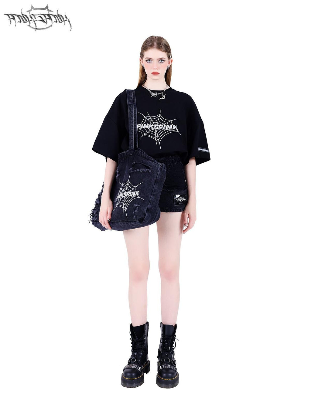 PINKSPINK 3d Spiderweb Text Print Street Hip Hop Women's Oversized T-shirts