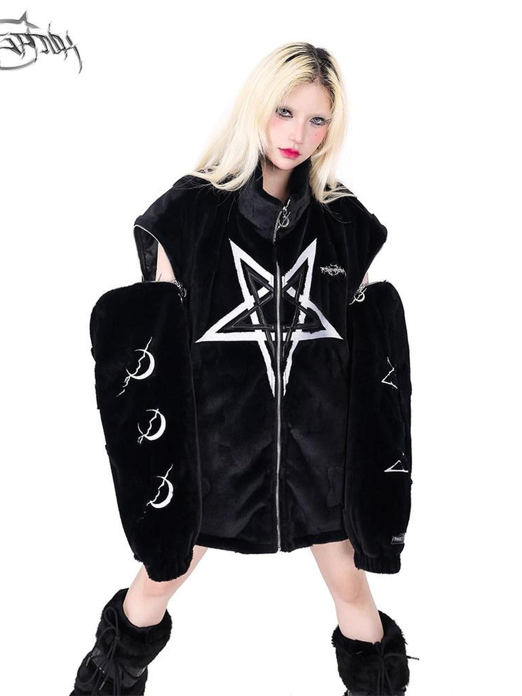 PINKSPINK 3d Star Moon Detachable Sleeves Leather Embroidered Women's Cotton Puffer Jackets