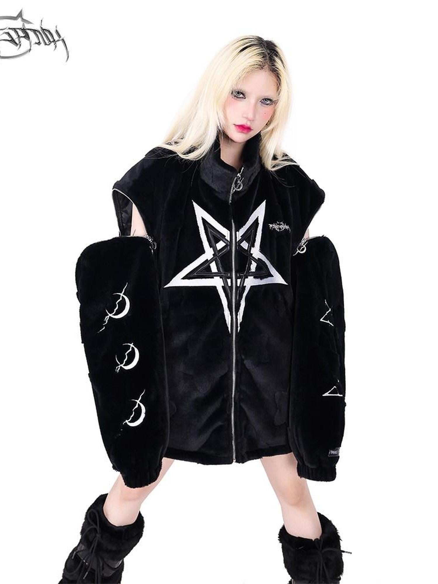 PINKSPINK 3d Star Moon Detachable Sleeves Leather Embroidered Women's Cotton Puffer Jackets
