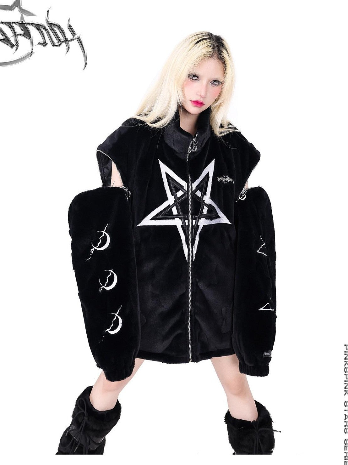 PINKSPINK 3d Star Moon Detachable Sleeves Leather Embroidery Women's Cotton Puffer Jackets