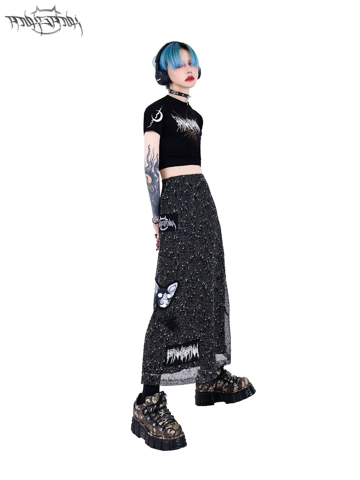 PINKSPINK Applique Embroidery Double Layer Mesh Punk Street Women's Mesh A-line Skirts