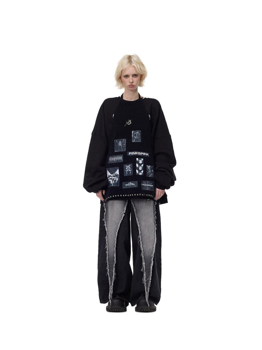 PINKSPINK Applique Embroidery Punk Distressed Knit Turtleneck Women's Acrylic Sweaters
