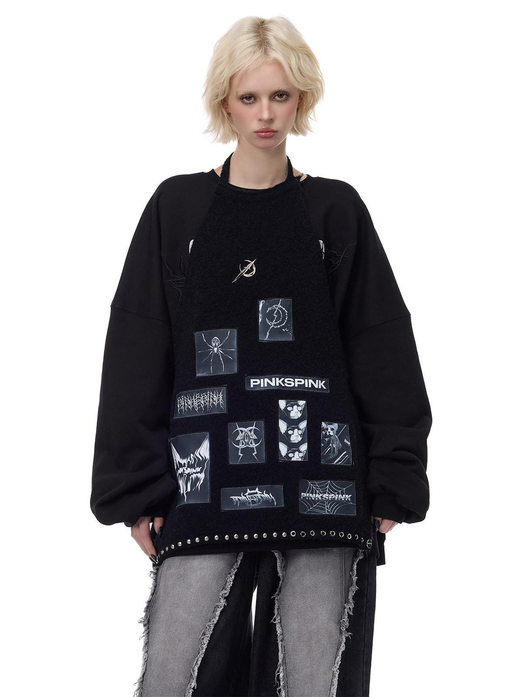 PINKSPINK Applique Embroidery Punk Distressed Knit Turtleneck Women's Acrylic Sweaters