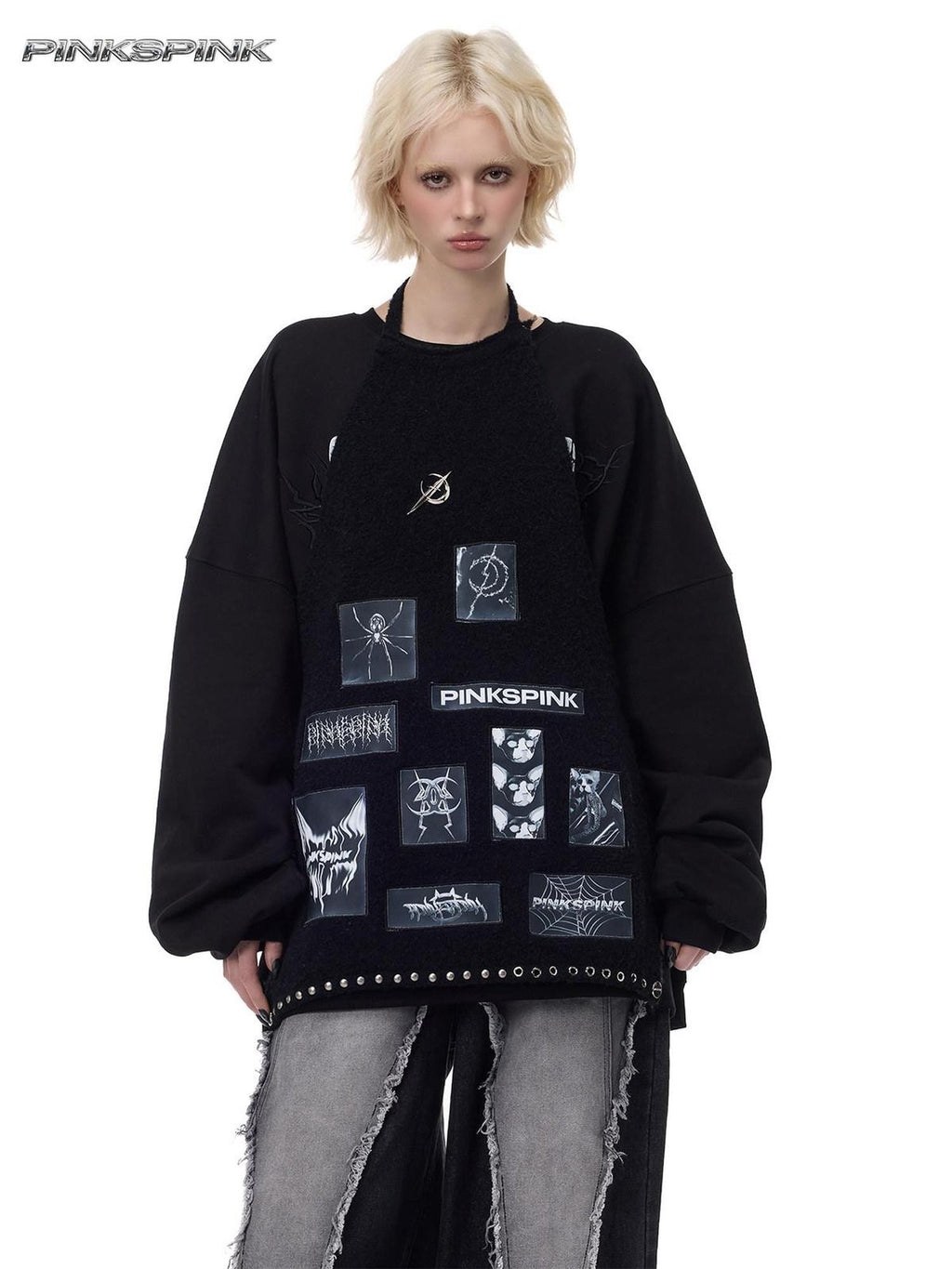 PINKSPINK Applique Embroidery Punk Distressed Knit Turtleneck Women's Acrylic Sweaters