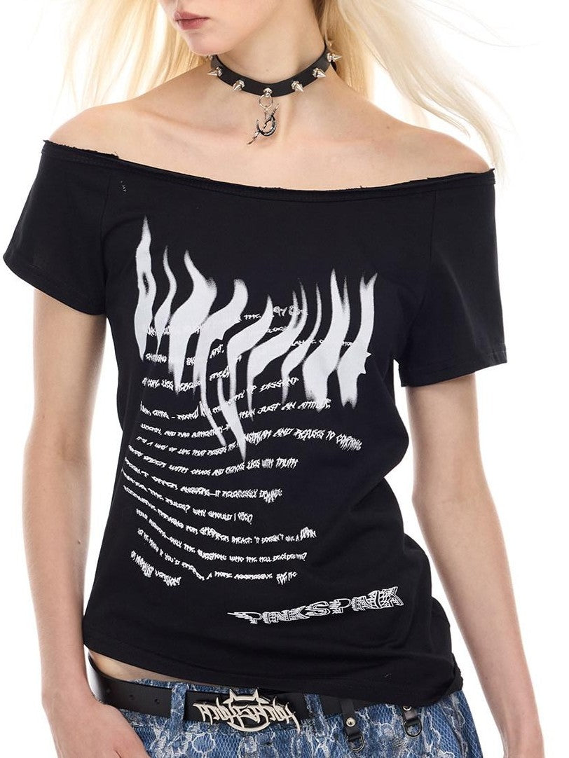 PINKSPINK Asymmetric Irregular Punk Print Women's Y2k Off-shoulder T-shirts