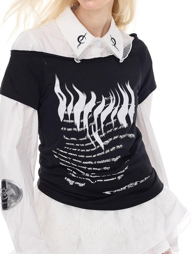 PINKSPINK Asymmetric Irregular Punk Print Women's Y2k Off-shoulder T-shirts