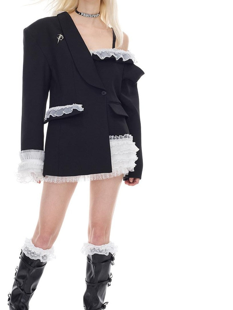PINKSPINK Asymmetric Patchwork Lace Off Shoulder Rivet Blazer Women's Polyester Camisoles