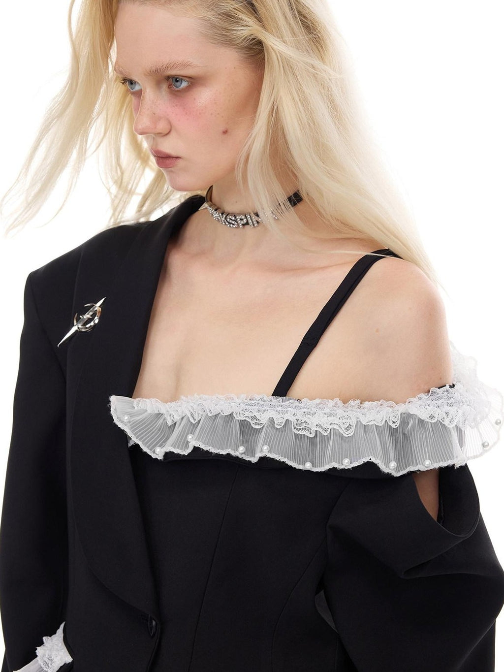 PINKSPINK Asymmetric Patchwork Lace Off Shoulder Rivet Blazer Women's Polyester Camisoles