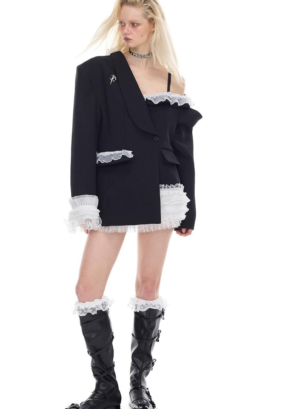 PINKSPINK Asymmetric Patchwork Lace Off Shoulder Rivet Blazer Women's Polyester Camisoles