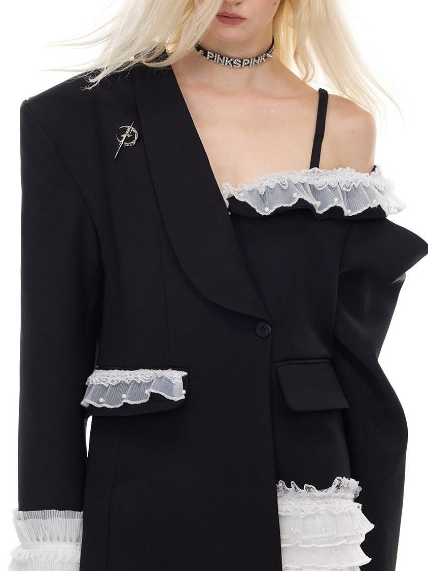 PINKSPINK Asymmetric Patchwork Lace Off Shoulder Rivet Blazer Women's Polyester Camisoles