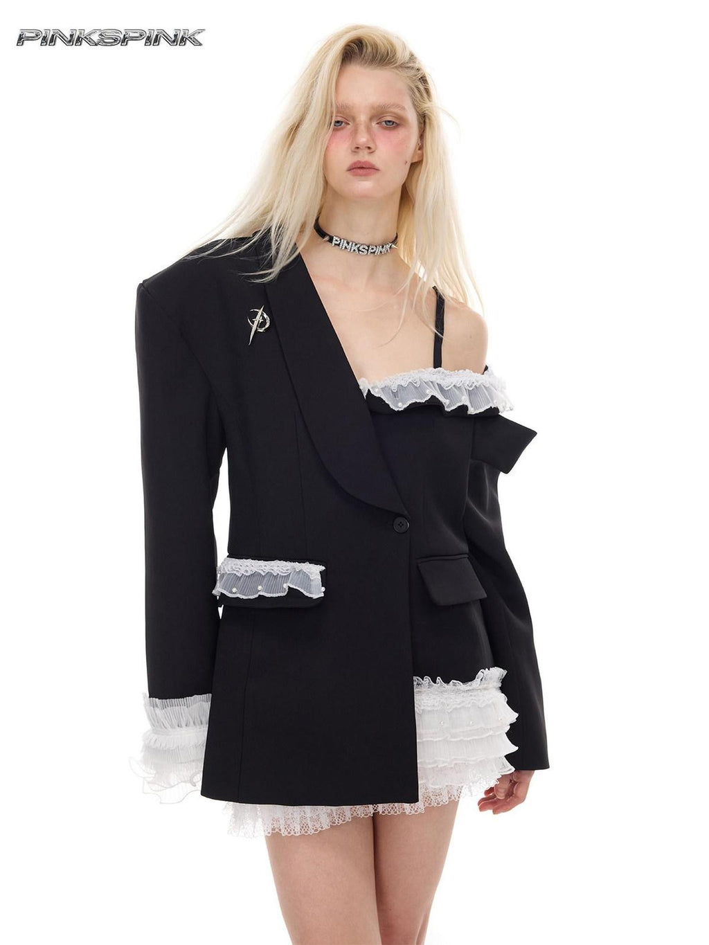 PINKSPINK Asymmetric Patchwork Lace Off Shoulder Rivet Blazer Women's Polyester Camisoles