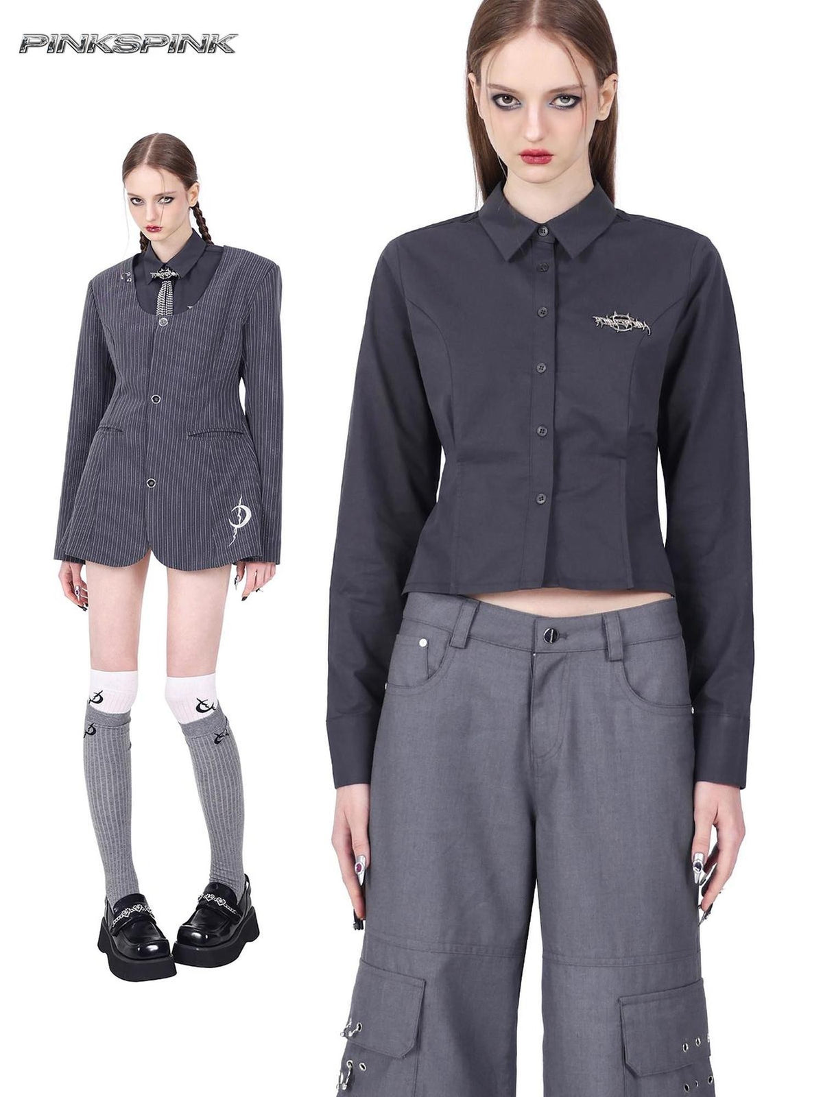PINKSPINK Asymmetric Spliced Slim Fit Cropped Long Sleeve Punk Women's Cotton Shirts