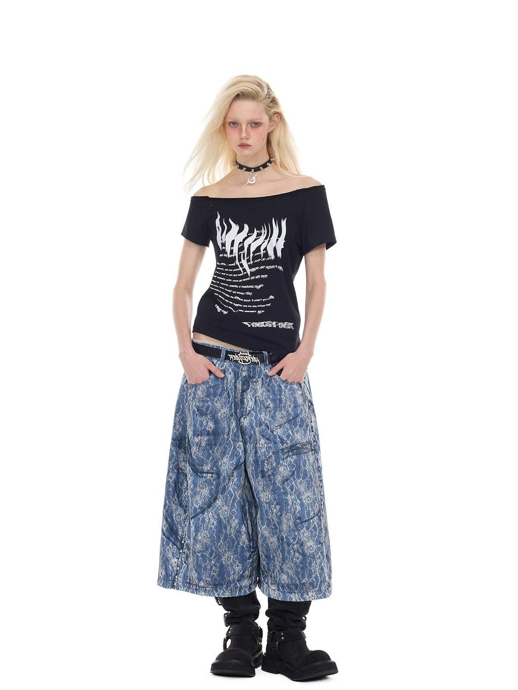 PINKSPINK Asymmetrical Punk Print Slanted Shoulder Slim Women's Off-shoulder T-shirts