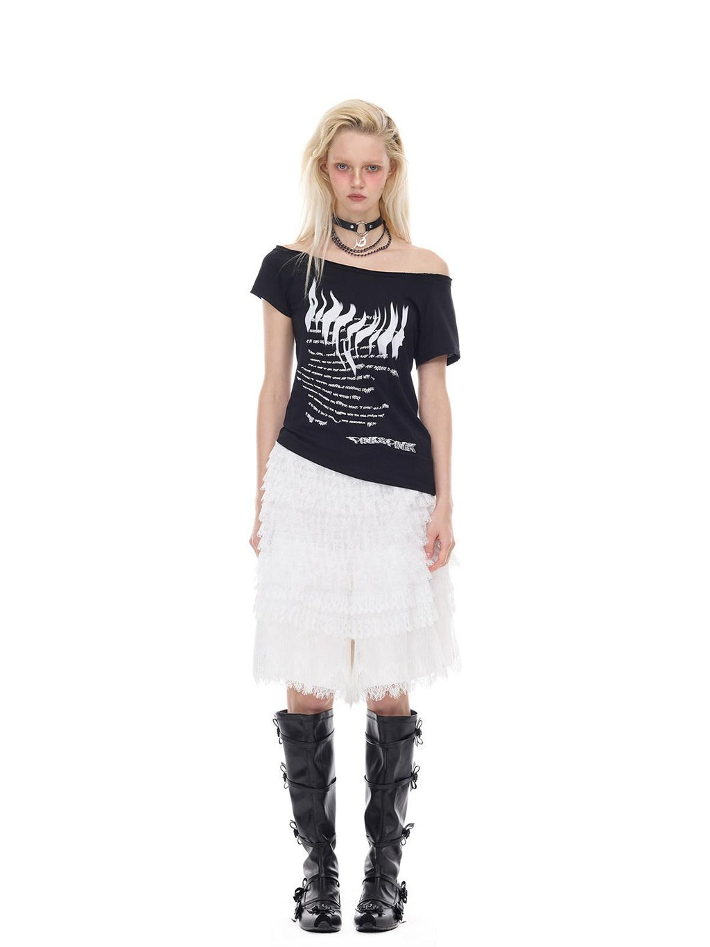 PINKSPINK Asymmetrical Punk Print Slanted Shoulder Slim Women's Off-shoulder T-shirts
