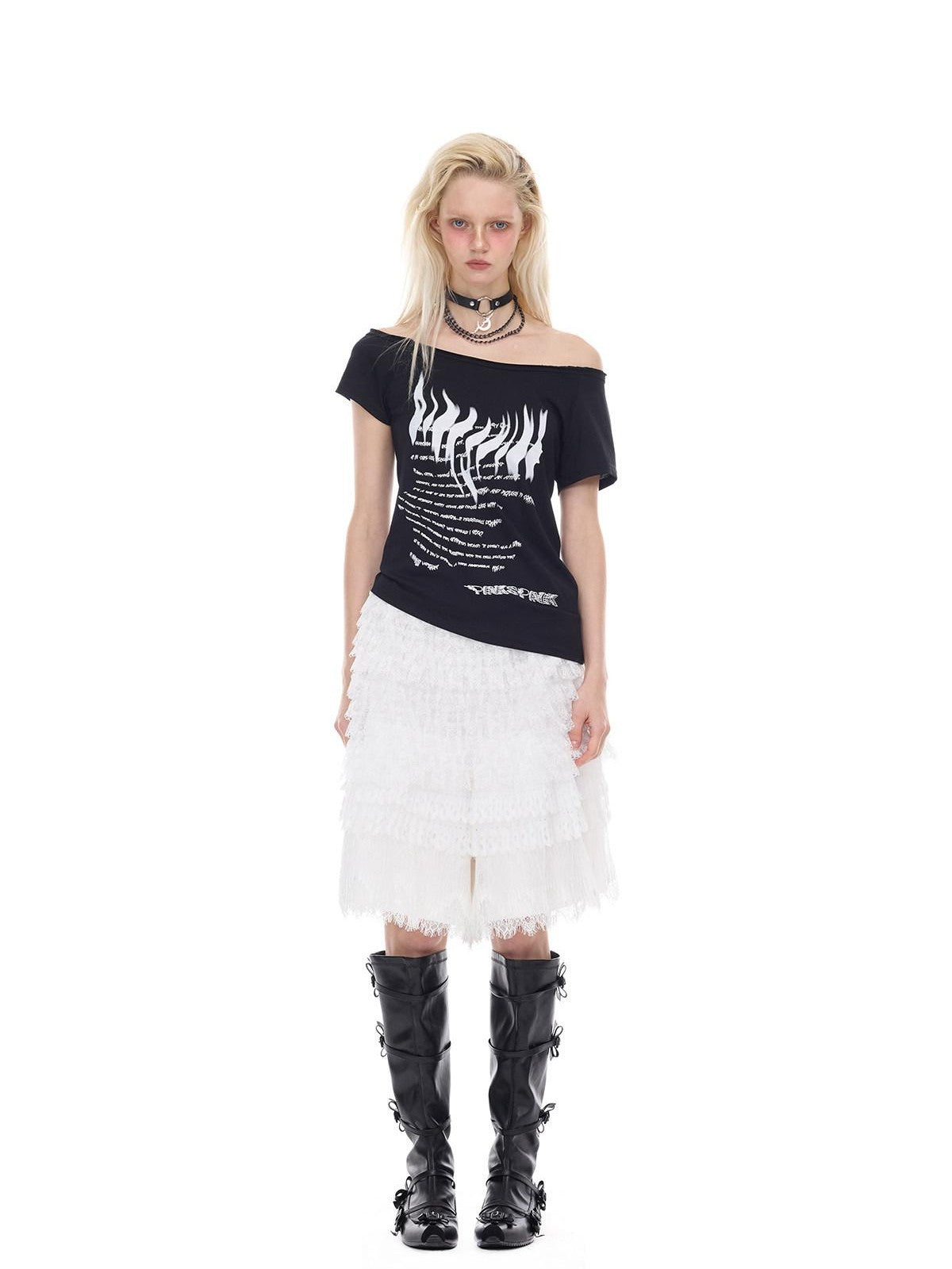 PINKSPINK Asymmetrical Punk Print Slanted Shoulder Slim Women's Off-shoulder T-shirts