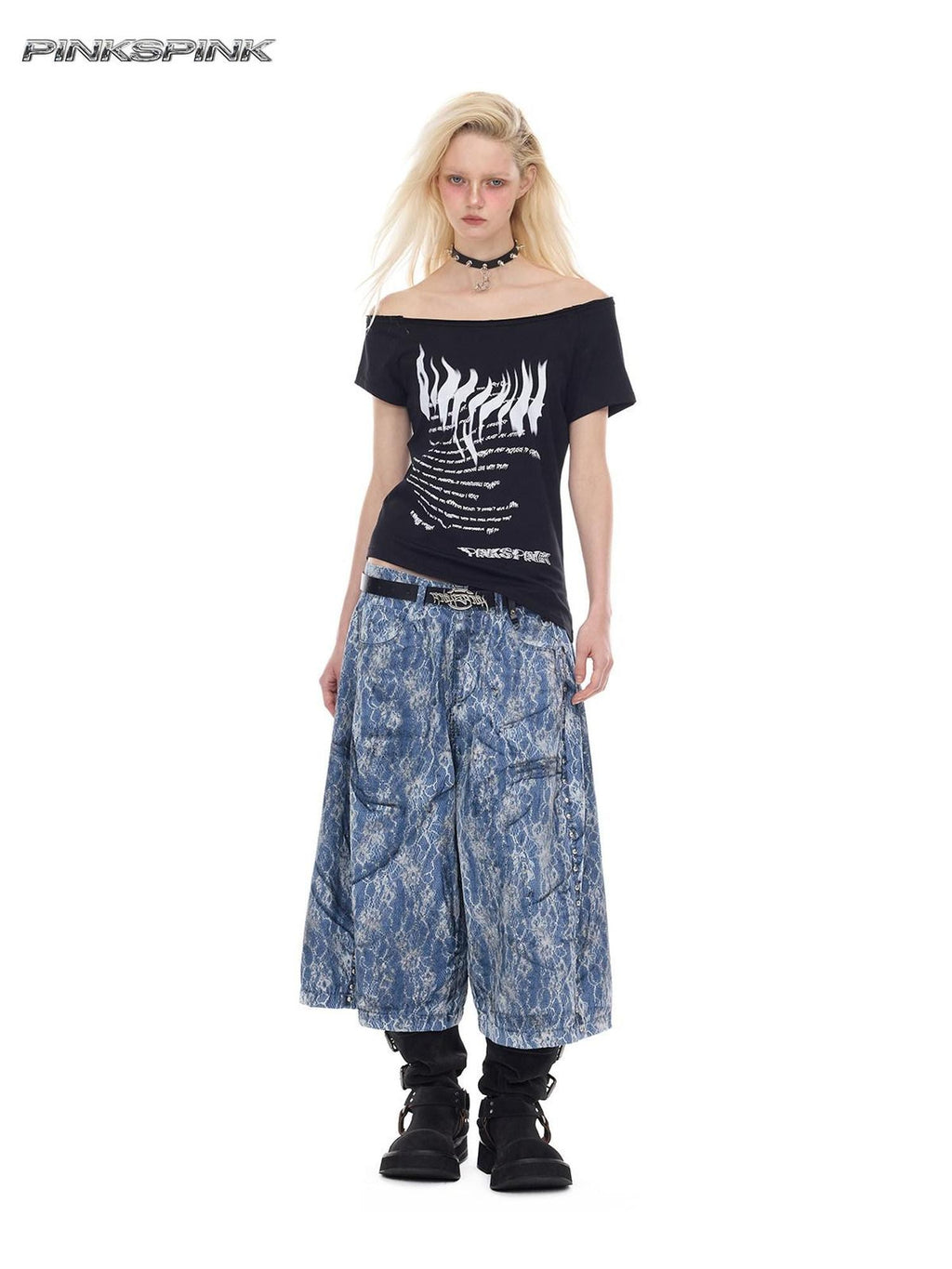 PINKSPINK Asymmetrical Punk Print Slanted Shoulder Slim Women's Off-shoulder T-shirts