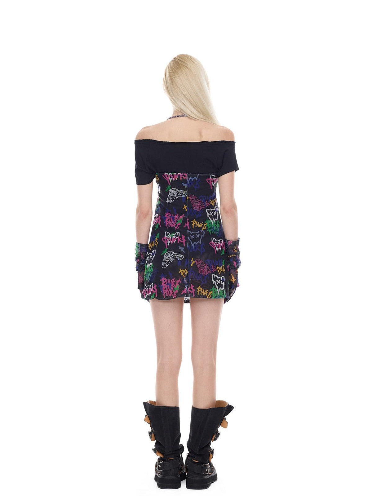 PINKSPINK Asymmetrical Punk Print Slanted Shoulder Slim Women's Off-shoulder T-shirts