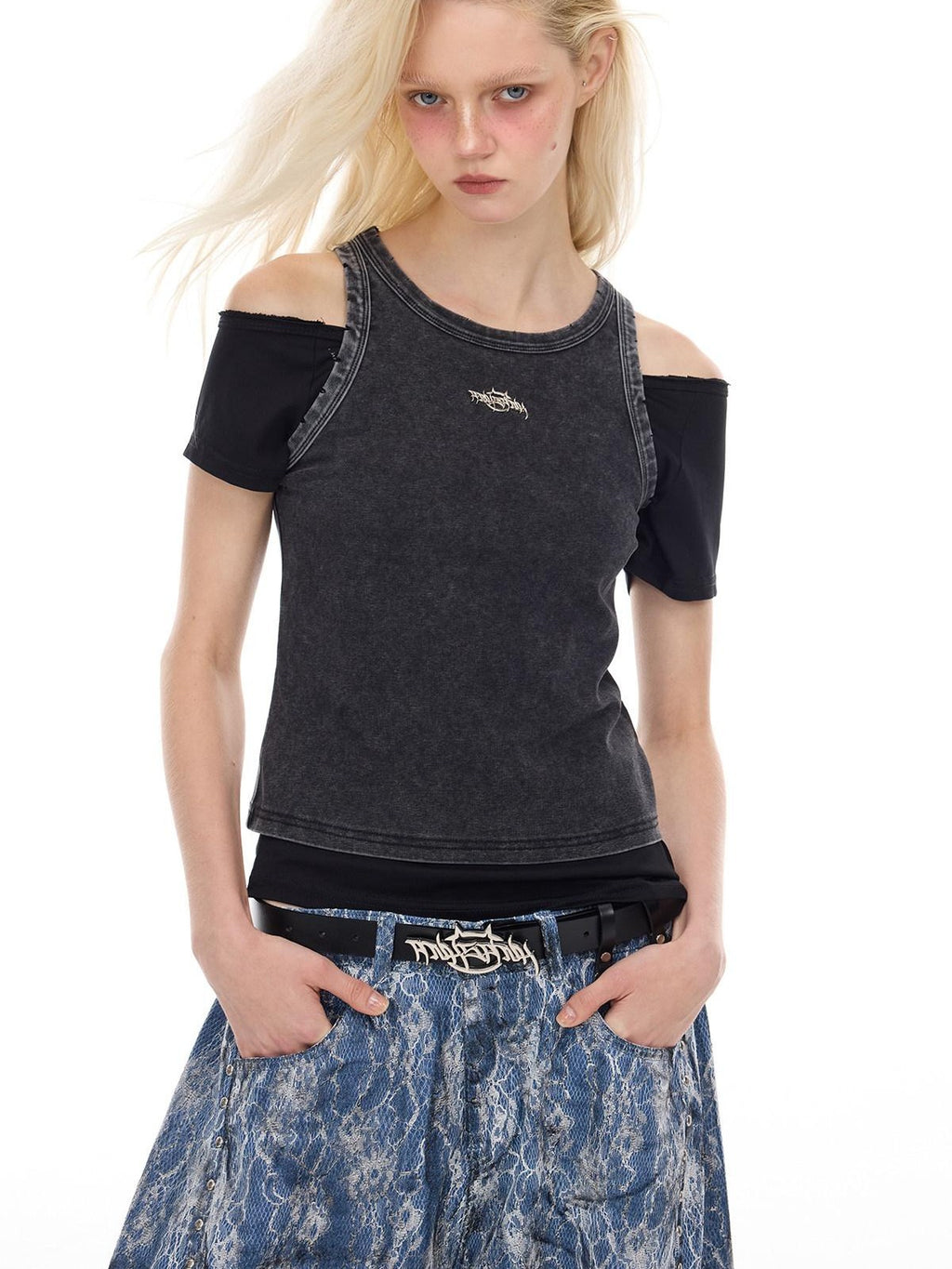 PINKSPINK Asymmetrical Punk Print Slanted Shoulder Slim Women's Off-shoulder T-shirts