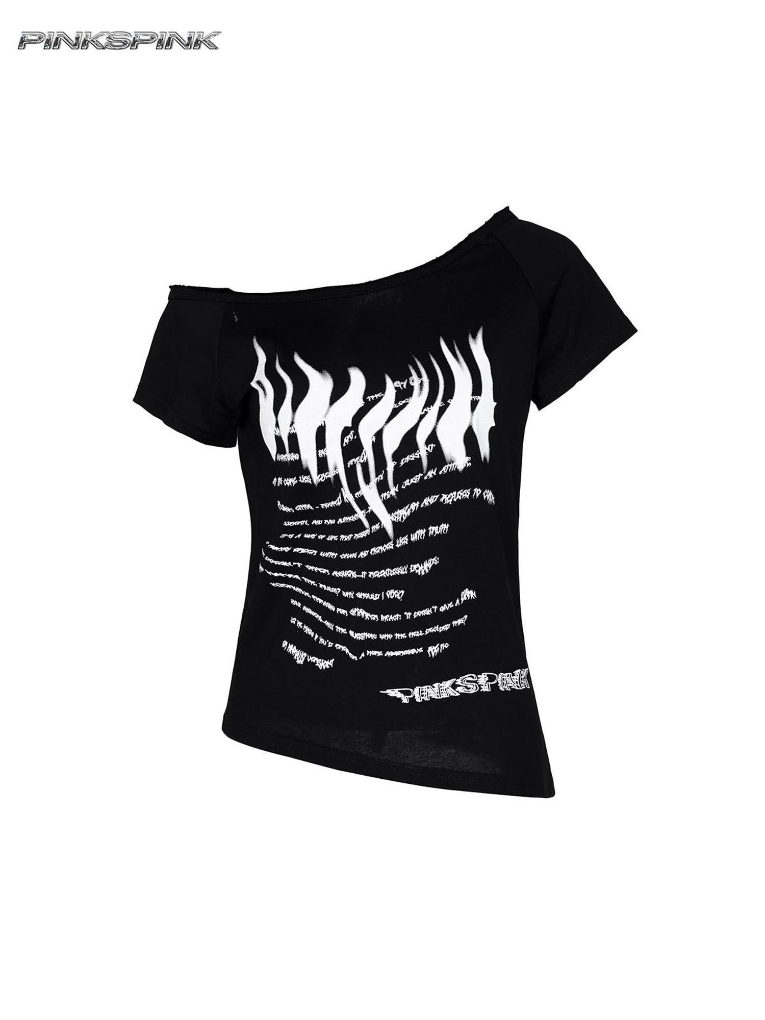 PINKSPINK Asymmetrical Punk Print Slanted Shoulder Slim Women's Off-shoulder T-shirts