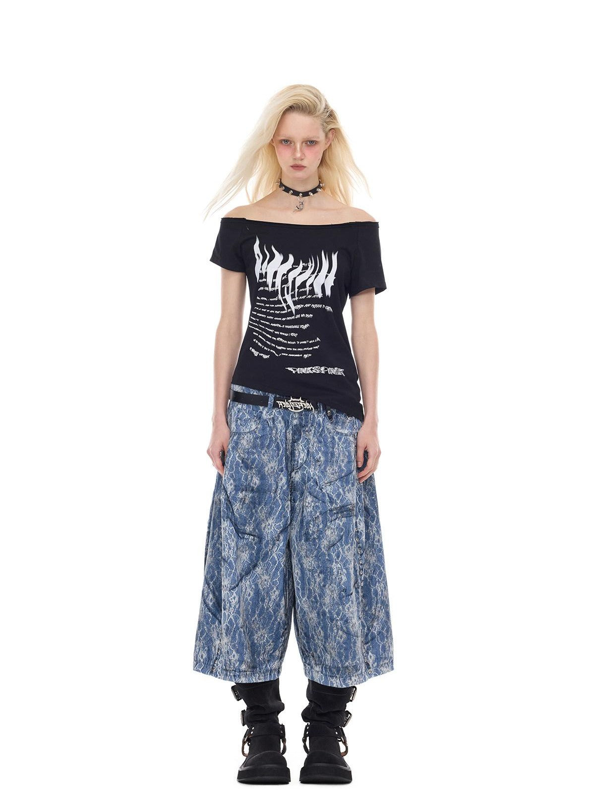 PINKSPINK Asymmetrical Punk Print Slanted Shoulder Slim Women's Off-shoulder T-shirts