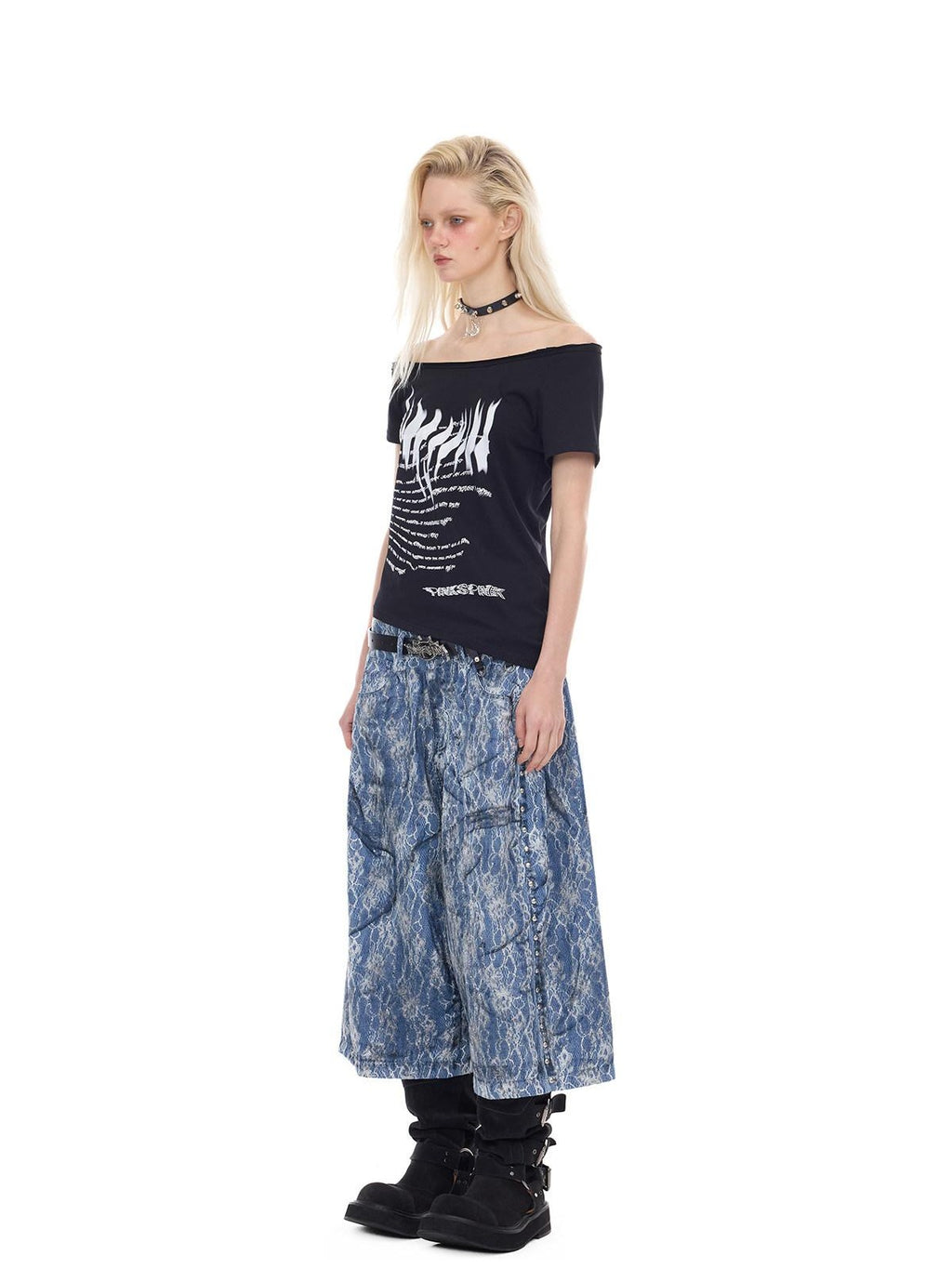 PINKSPINK Asymmetrical Punk Print Slanted Shoulder Slim Women's Off-shoulder T-shirts