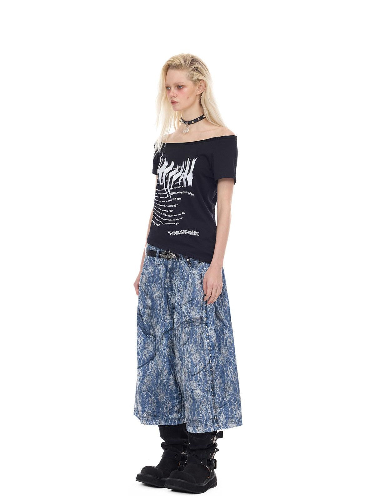 PINKSPINK Asymmetrical Punk Print Slanted Shoulder Slim Women's Off-shoulder T-shirts