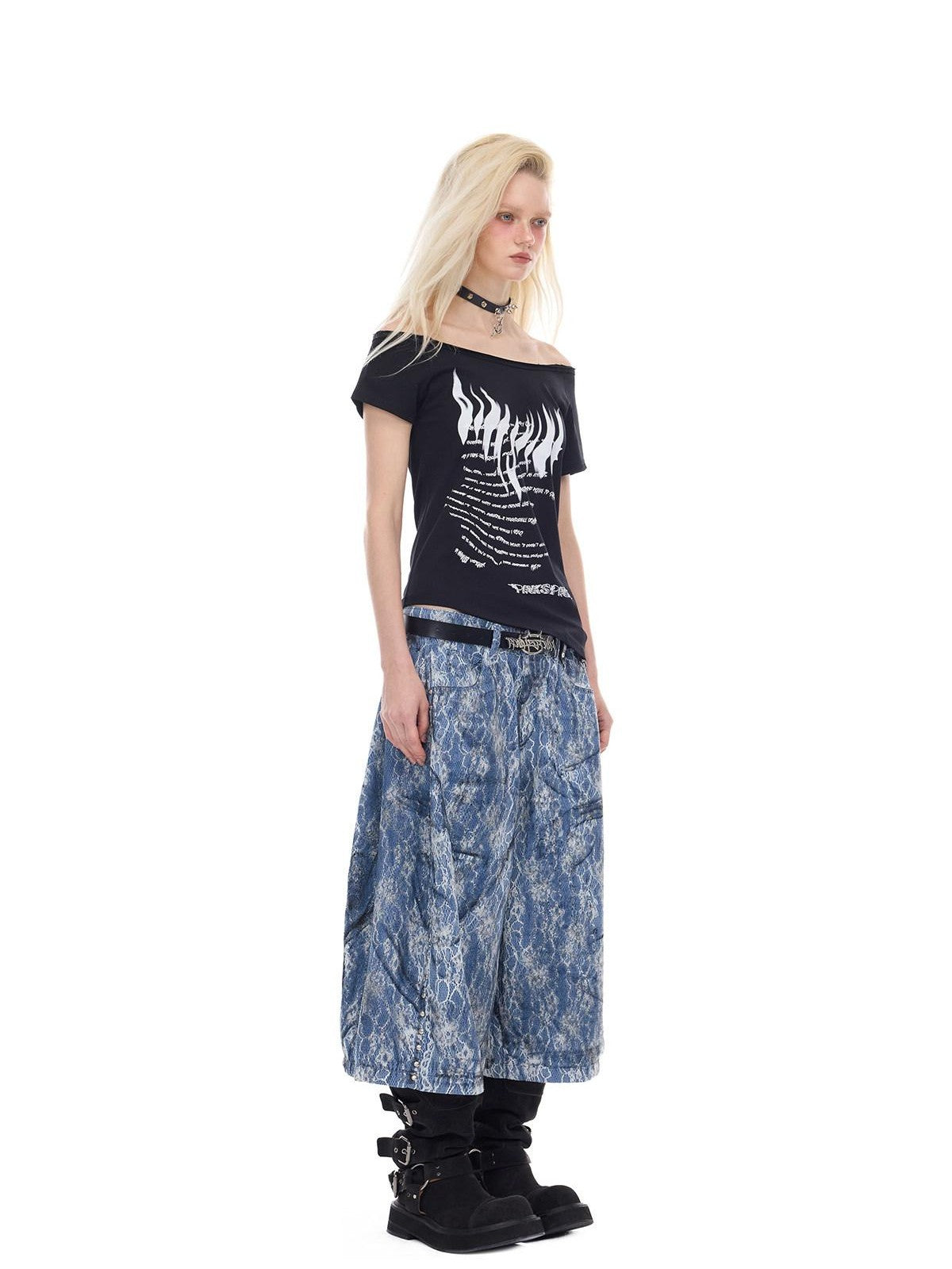 PINKSPINK Asymmetrical Punk Print Slanted Shoulder Slim Women's Off-shoulder T-shirts