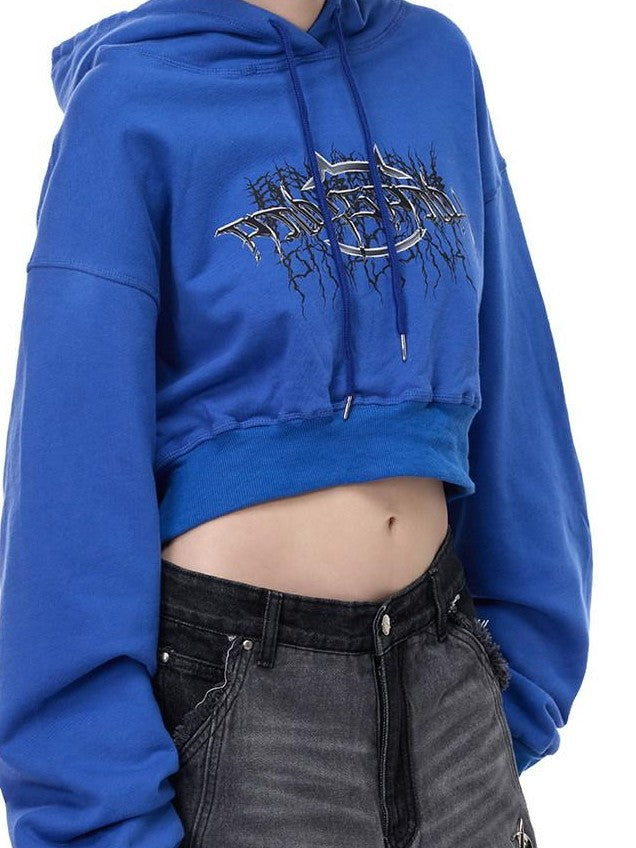 PINKSPINK Backless Cropped Thorn Print Lettering Loose Women's Fleece Hoodies