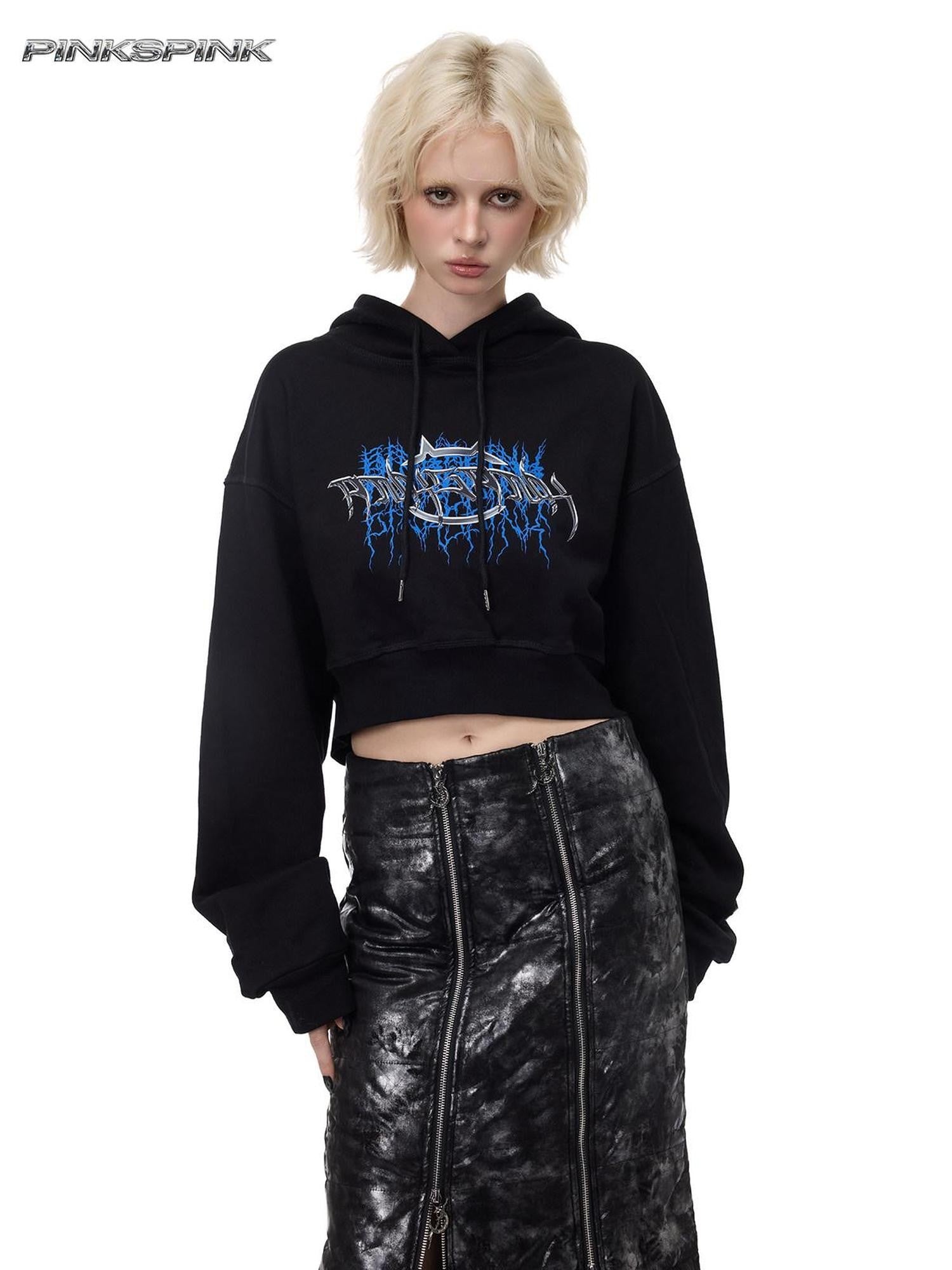 PINKSPINK Backless Cropped Thorn Print Lettering Loose Women's Fleece Hoodies