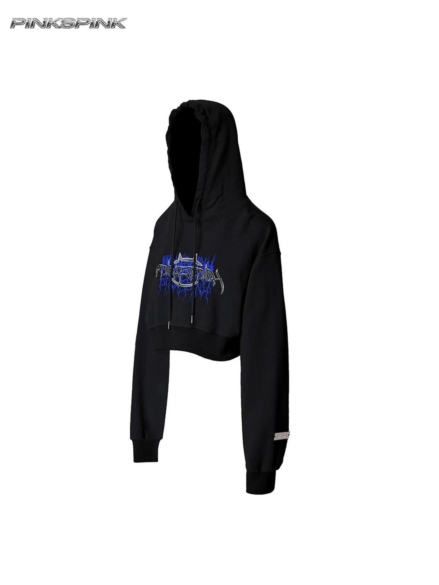PINKSPINK Backless Cropped Thorn Print Lettering Loose Women's Fleece Hoodies