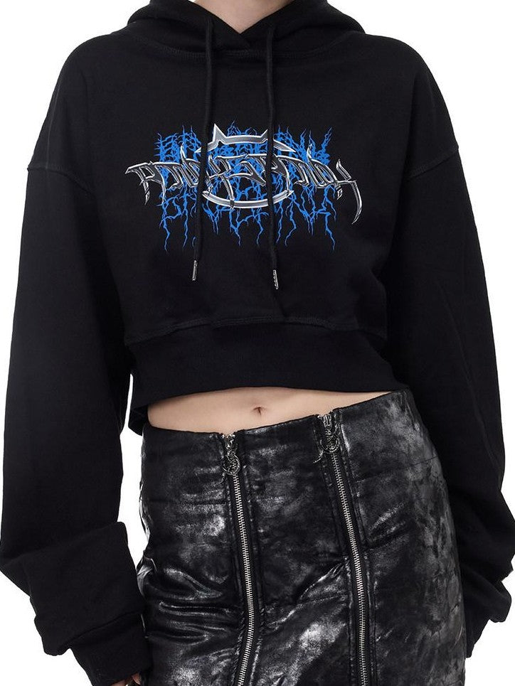 PINKSPINK Backless Cropped Thorn Print Lettering Loose Women's Fleece Hoodies