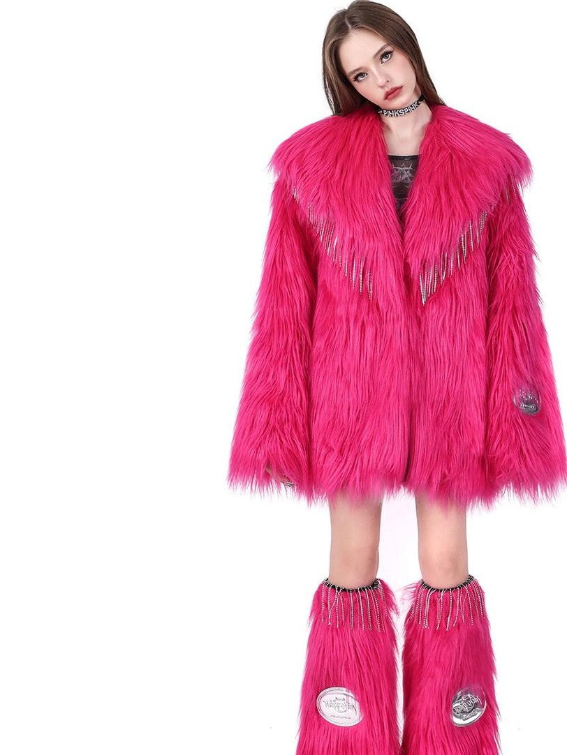 PINKSPINK Barbie Pink Rhinestone Pendant Fringe Y2k Silhouette Women's Faux Fur Coats