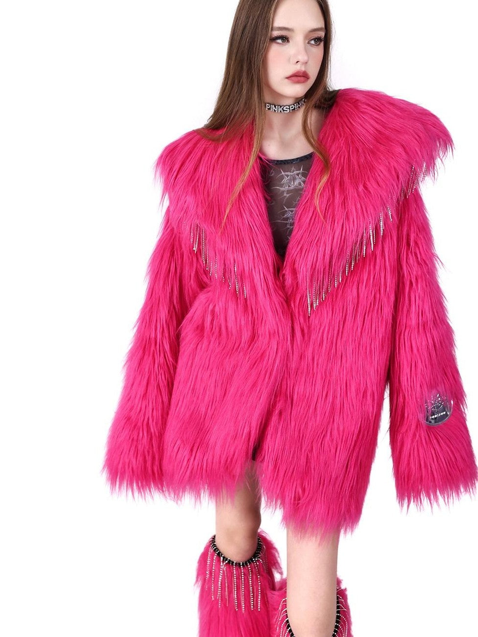 PINKSPINK Barbie Pink Rhinestone Pendant Fringe Y2k Silhouette Women's Faux Fur Coats