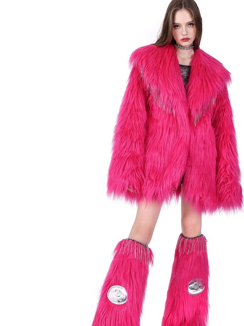 PINKSPINK Barbie Pink Rhinestone Pendant Fringe Y2k Silhouette Women's Faux Fur Coats