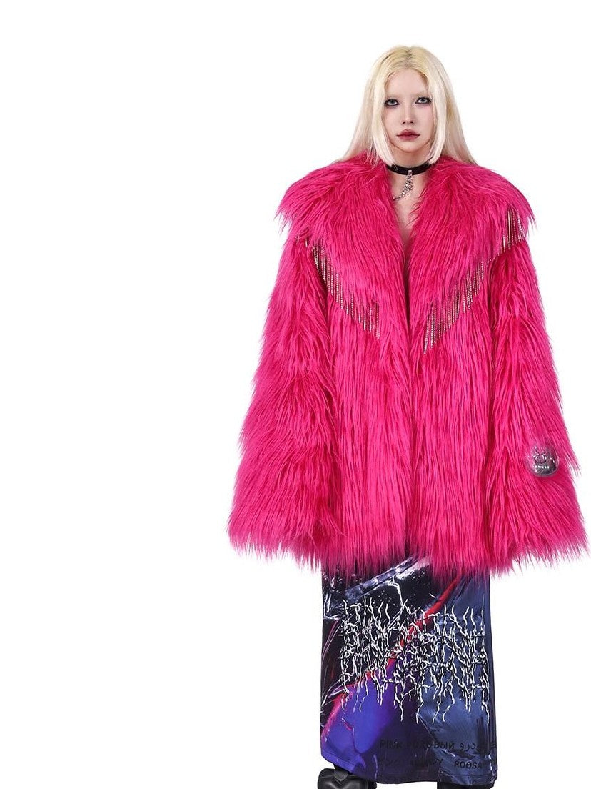 PINKSPINK Barbie Pink Rhinestone Pendant Fringe Y2k Silhouette Women's Faux Fur Coats
