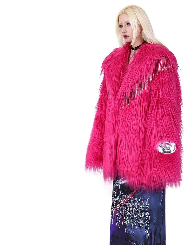 PINKSPINK Barbie Pink Rhinestone Pendant Fringe Y2k Silhouette Women's Faux Fur Coats