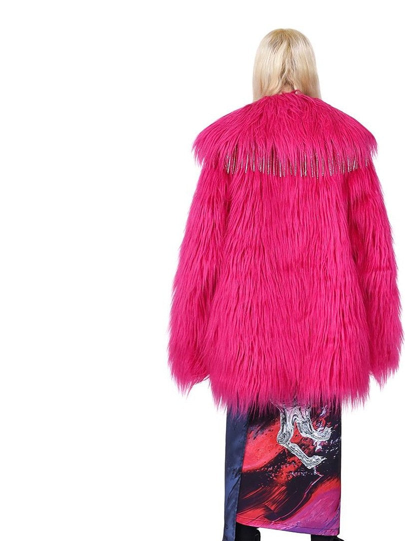 PINKSPINK Barbie Pink Rhinestone Pendant Fringe Y2k Silhouette Women's Faux Fur Coats