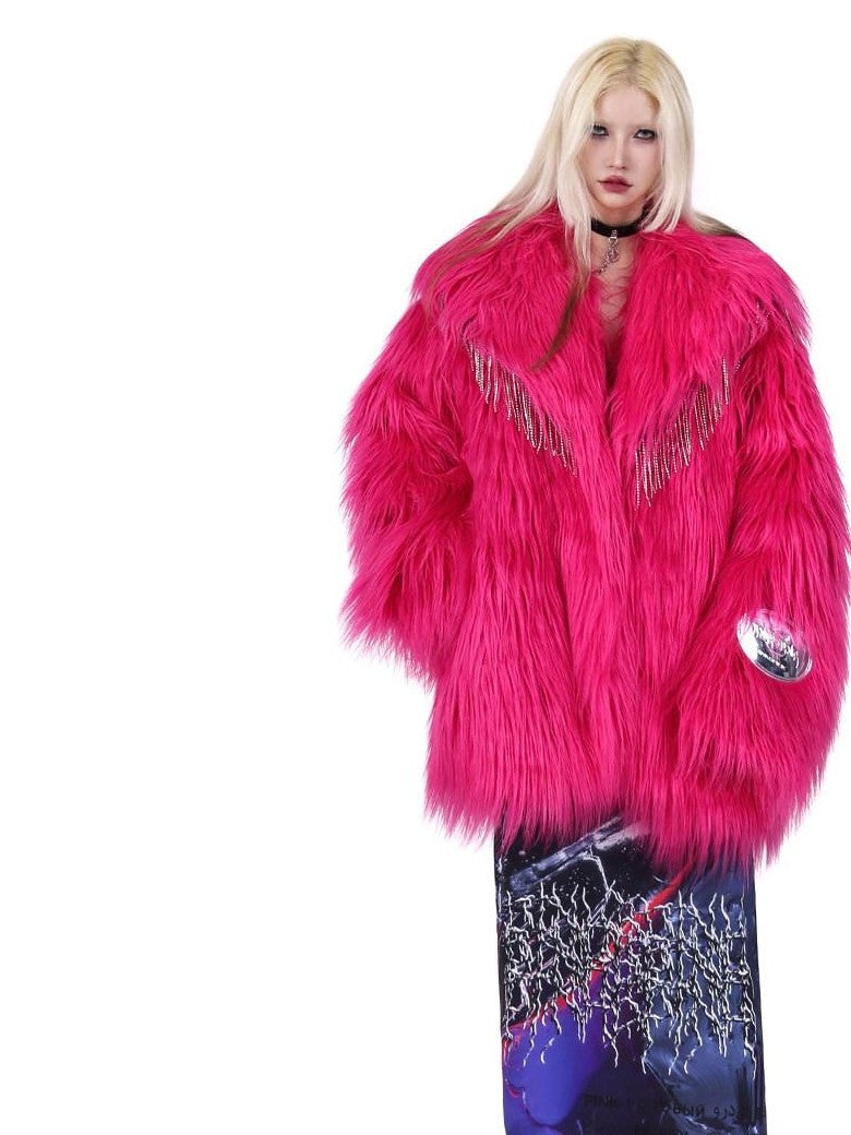 PINKSPINK Barbie Pink Rhinestone Pendant Fringe Y2k Silhouette Women's Faux Fur Coats