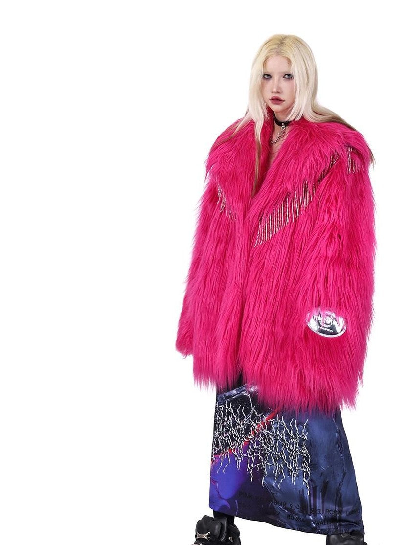 PINKSPINK Barbie Pink Rhinestone Pendant Fringe Y2k Silhouette Women's Faux Fur Coats