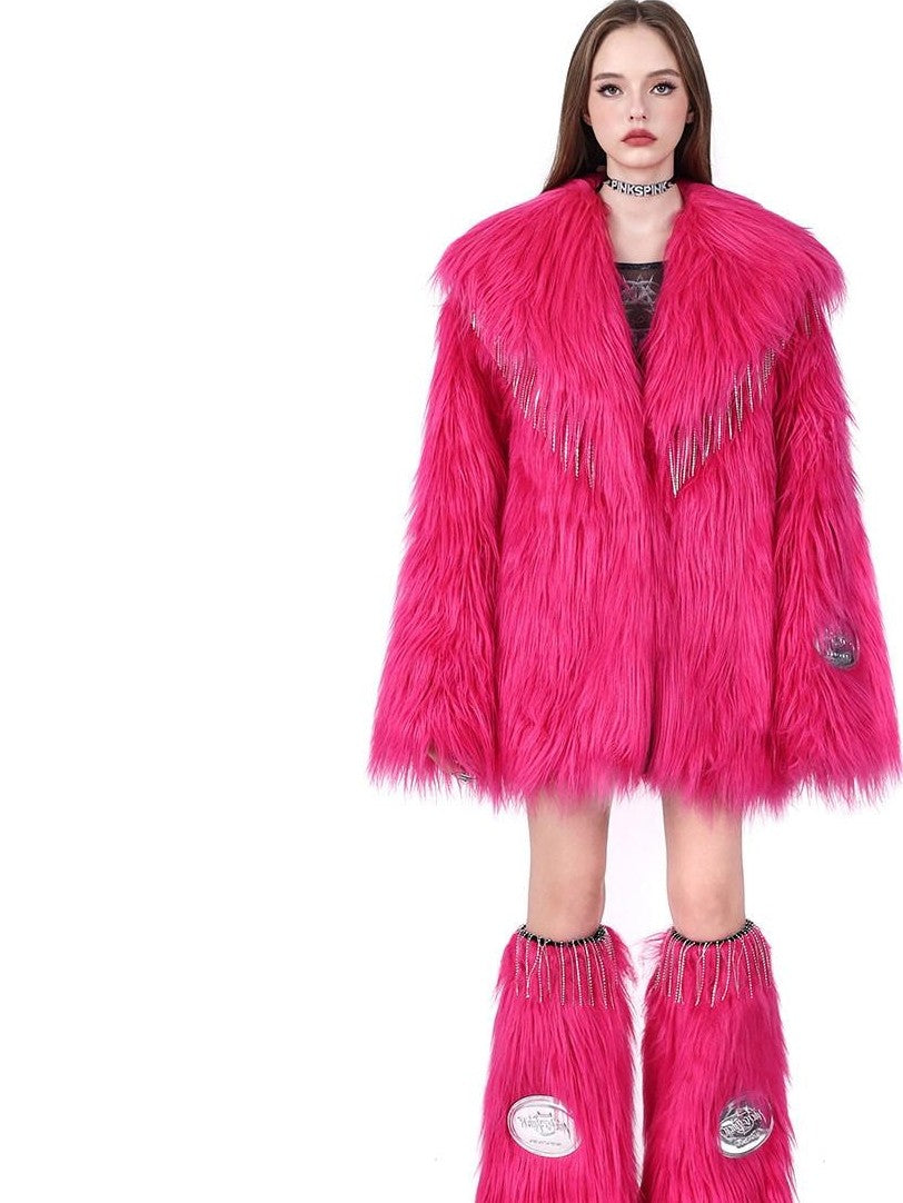 PINKSPINK Barbie Pink Rhinestone Pendant Fringe Y2k Silhouette Women's Faux Fur Coats