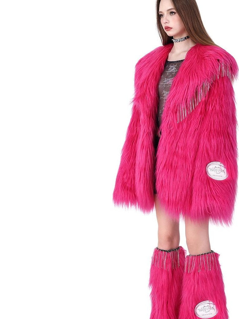 PINKSPINK Barbie Pink Rhinestone Pendant Fringe Y2k Silhouette Women's Faux Fur Coats