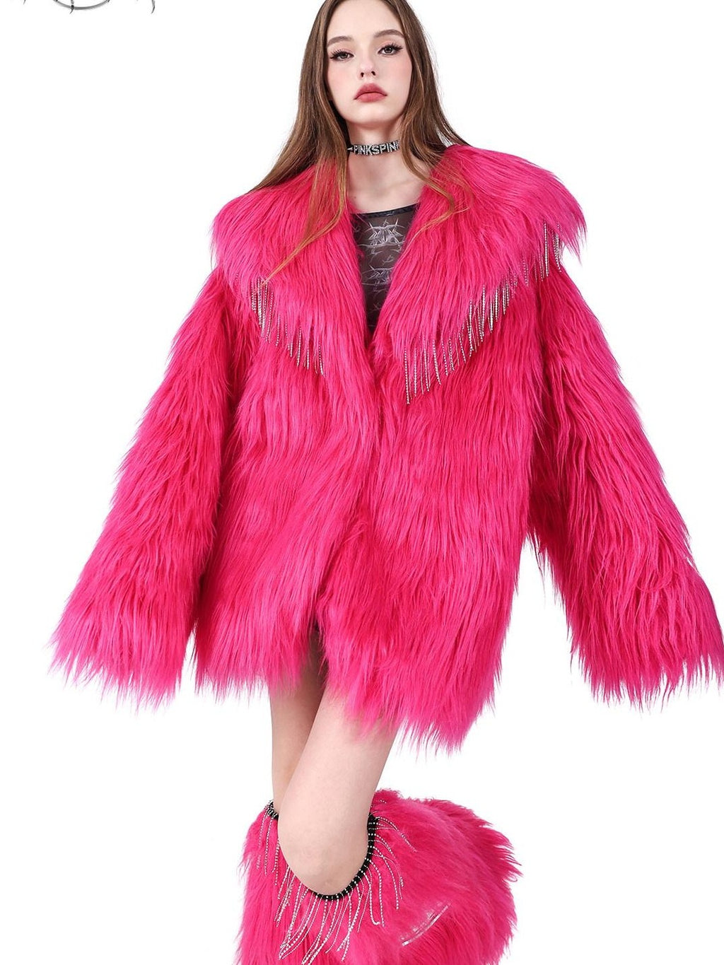 PINKSPINK Barbie Pink Rhinestone Pendant Fringe Y2k Silhouette Women's Faux Fur Coats