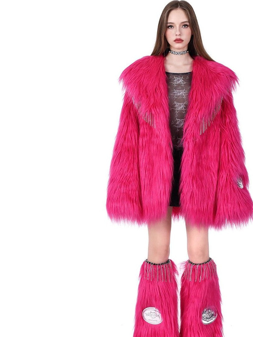 PINKSPINK Barbie Pink Rhinestone Pendant Fringe Y2k Silhouette Women's Faux Fur Coats
