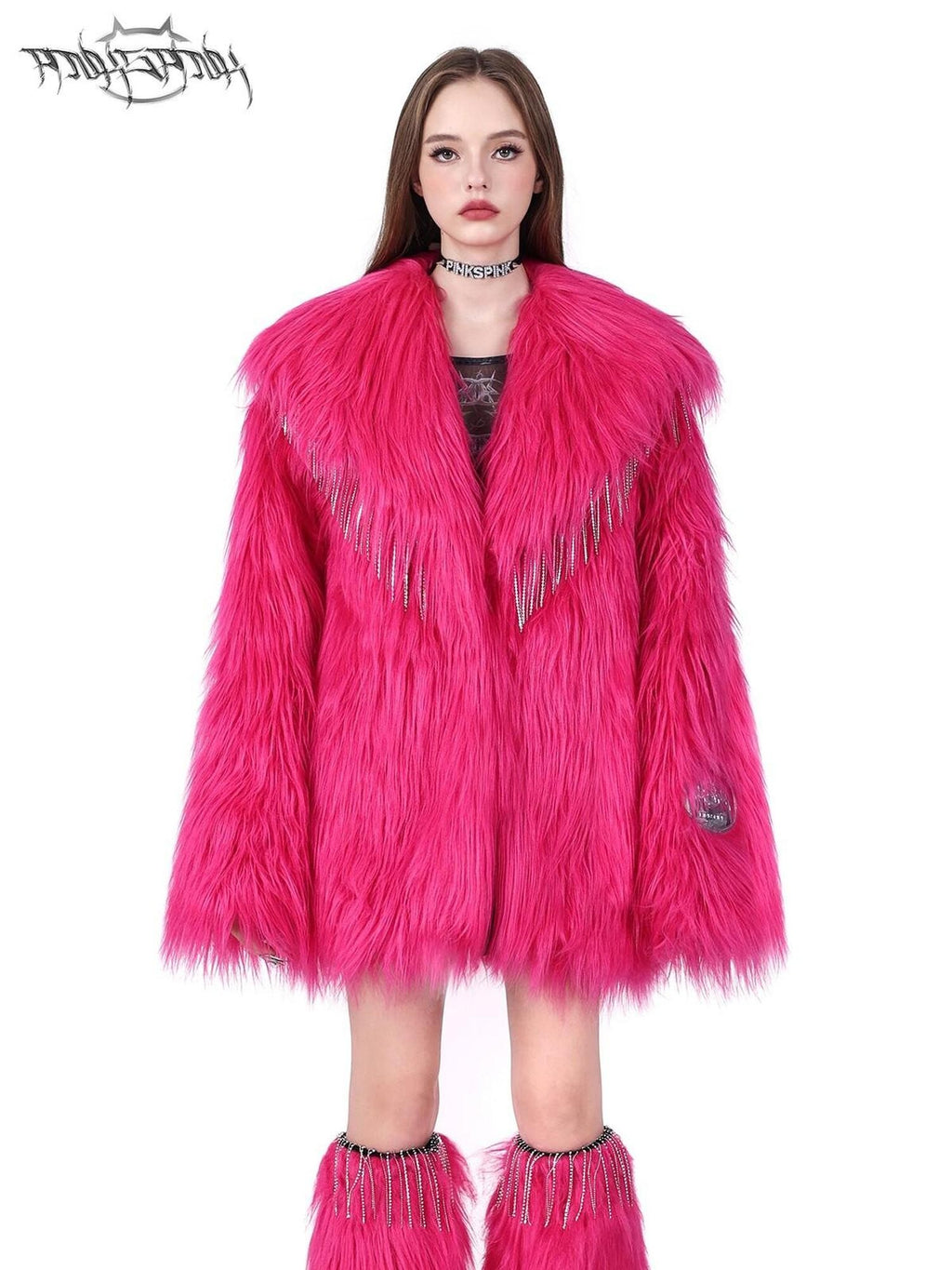 PINKSPINK Barbie Pink Rhinestone Tassel Structured Women's Faux Fur Coats